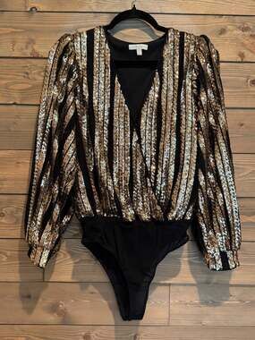 Flying Tomato Gold and Black Striped Sequin Surplice Bodysuit Small